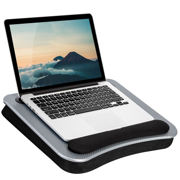 LAPGEAR Memory Foam Lap Desk with Wrist Rest and Media Slot - Medium - Silver Carbon - Fits up to 15.6 Inch Laptops and Most Tablet Devices - Style No. 91335