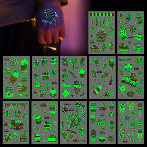 Fssqii 100+ Luminous Styles Donut Party Temporary Tattoos for Kids 12 Sheets Glow Ice Cream Birthday Party Decorations Favors for Girls Lollies Cake Theme Stickers Cupcake Candy Sweet Summer Tattoos