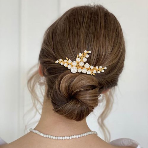 YBSHIN Bride Wedding Hair Comb Gold Pearl Headpiece Leaf Hair Pieces Bridal Hair Accessories for Women
