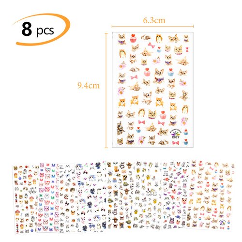 PHOGARY 8 Sheets Cat Nail Sticker for Nail Art Decoration False Nail Manicure Decals Girls Women Gift
