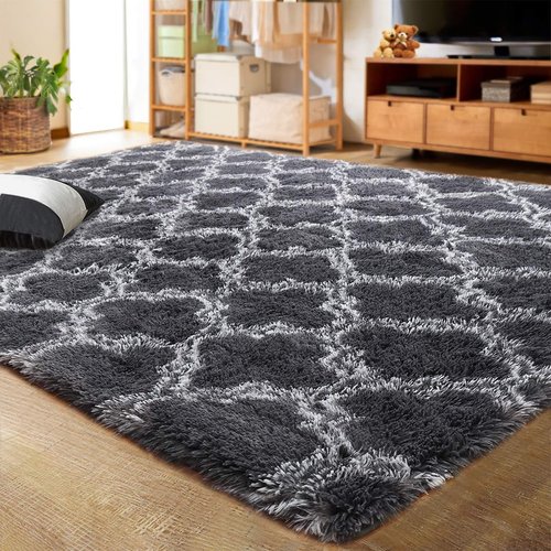 LOCHAS Luxury Shag Area Rug 3x5 Feet Geometric Plush Fluffy Rugs, Extra Soft Carpet Moroccan Rugs for Bedroom Living Room Dorm Kids, High Pile Shaggy Floor Rug Decor, Dark Grey/White