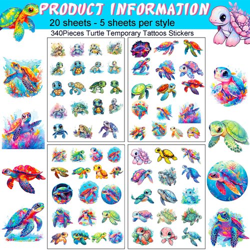 20 Sheets Sea Turtle Temporary Tattoos Stickers Ocean Themed Birthday Party Favors Decorations for Kids Girls Boys Gifts Classroom School Prizes Rewards
