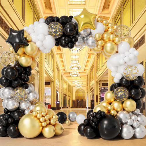Bonropin 152pcs New Years Balloons Arch Garland Kit, New Years Eve Party Supplies 2025 with Black Gold White Silver Balloons Gold Confetti Balloons for New Year Baby Shower Birthday Party Decorations