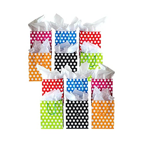Daily Living Products Colorful Birthday Gift Bag with Polka Dots 12 Pack - Medium Gift Bags Small, Birthday Gift Bags Bulk Medium Size, Small Gift Bags - Great for Any Occasion