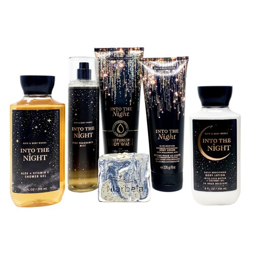 Bath & Body Works Into The Night - Deluxe Gift Set - Moisturizing Body Wash, Fine Fragrance Mist, Body Cream, Shower Gel and Body Lotion With a Charcoal Scrub Soap.