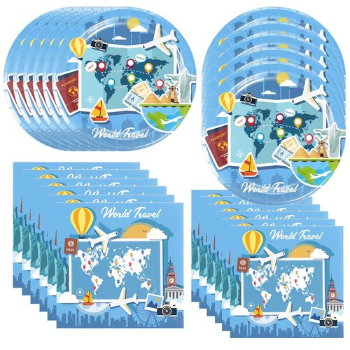 Frerand 40pcs Adventure World Awaits Party Supplies include 20 plates, 20 napkins for the World Travel birthday party decoration