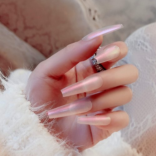Blufly Glossy Press on Nails Long Square Coffin Fake Nails Acrylic False Nails Tips Ballerina Nails for Women and Girls (Blue) (Style M)