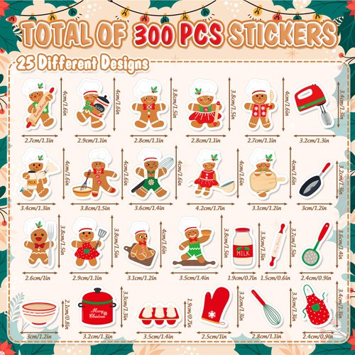 JarThenaAMCS 300Pcs Christmas Foam Stickers Cooking Gingerbread Man Decals Colorful Self-Adhesive Stickers for Xmas Winter Art Craft Card Decor Party Supplies