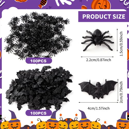 OZIO Halloween Decorations, 200 Pcs Mini Plastic Spiders Bats for Creepy Scary Prank Toys Plastic Insect Toys Halloween Miniatures, Funny Prank Halloween Party Supplies