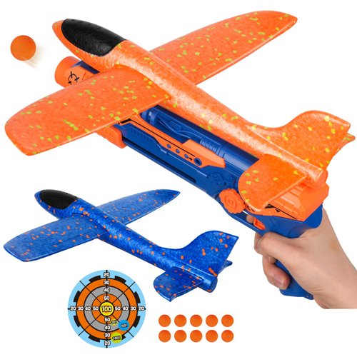 TOY Life Airplane Launcher Toy Foam Airplane Glider for Kids, 2 Pack Airplane Gun Launcher Plane Launcher Toy 2 Flight Mode Catapult Shooting Games for Kids Digital Shooting Targets for Boys