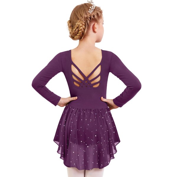 Arshiner Girls Long Sleeve Ballet Leotards Toddler Dance Leotard with Glitter Skirt,Dark Purple,3-4T