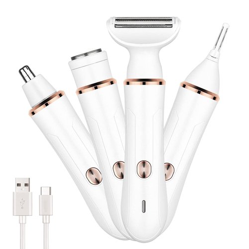 Electric Razor for Women, Hair Trimmer for Bikini Legs Womens Shaving Eyebrow Lips Body Face Beard Mustache Nose Arm Armpit Facial Hair Removal for Women's Shaver 4 in 1 Kit, Type-C Charging Port