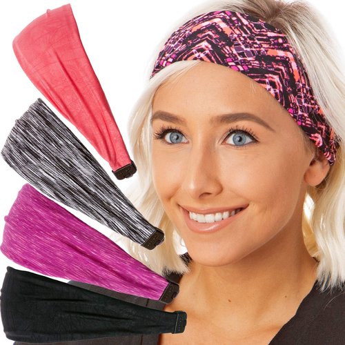 Hipsy Adjustable & Stretchy Xflex Band Wide Sports Headbands for Women Girls & Teens (5pk Magenta/Black/Mosaic/Coral/Grey)
