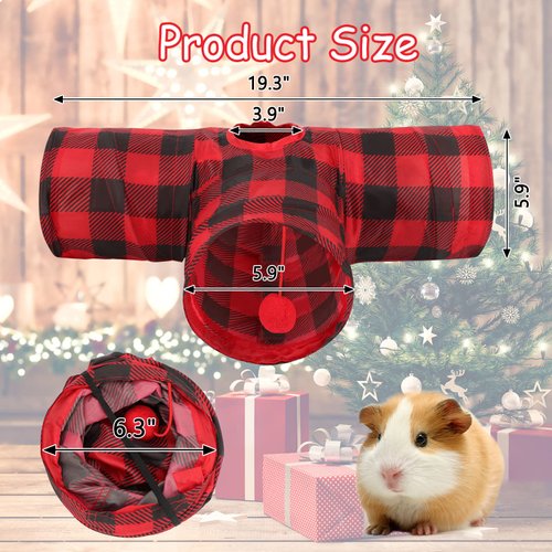 YUEPET Guinea Pig Tunnel and Tube Collapsible 3 Way Guinea Pig Hideout with Classic Christmas Style, Small Animal Tunnel for Guinea Pig Ferret Hamster Chinchilla