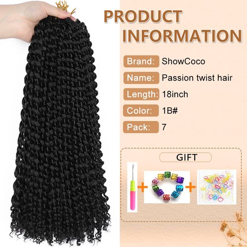 Passion Twist Hair 18 inch, 7 Packs Passion Twist Braiding Hair Water Wave Crochet Hair Passion Twist Crochet Hair Braids Synthetic Crochet Hair Extensions (16Strands/Pack, 1B)
