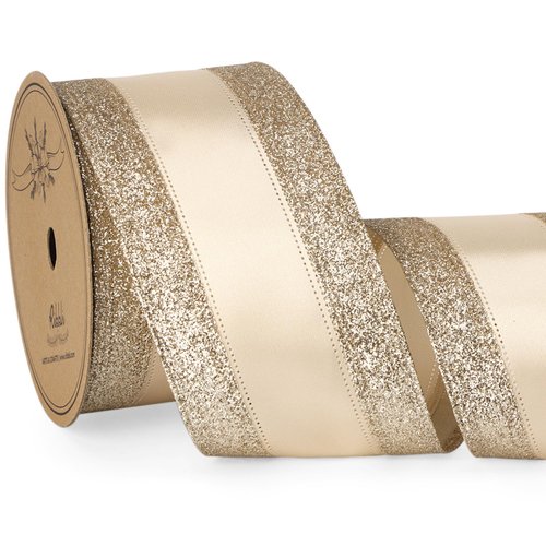 Ribbli Champagne Gold Wired Ribbon Satin with Glitter Edge 2.5 Inch Champagne Christmas Ribbon for Tree Gift Wrapping Wreaths Garland Topper Bows Crafts Home Decor -10 Yards