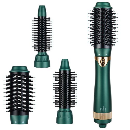 Sinperne Hair Dryer Brush, 3 in 1 Interchangerable Hair Dryer & Volumizer, Ceramic Negative Ion Curling Dryer Styler Brush with 3 Brush Heads (Green)