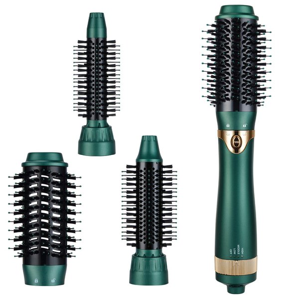 Sinperne Hair Dryer Brush, 3 in 1 Interchangerable Hair Dryer & Volumizer, Ceramic Negative Ion Curling Dryer Styler Brush with 3 Brush Heads (Green)