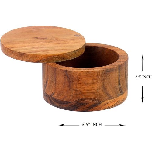 Kaizen Casa Acacia Wood Salt or Spice Box with Swivel Cover perfect for keeping table salt, gourmet salts, herbs or favorite seasonings, close at hand on your countertop.