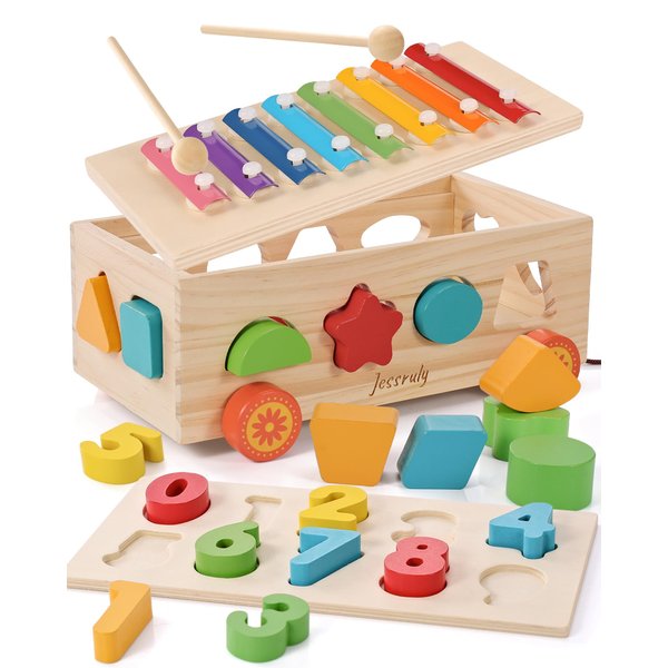 Jessruly Shape Sorter - Wooden Xylophone and Montessori Number Puzzle Set for Babies - Educational Sorting Game with Storage Car for Toddlers