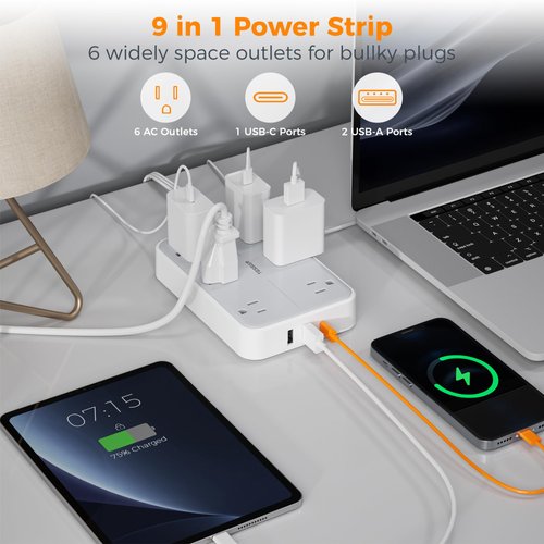 Surge Protector Power Strip 10 ft, TESSAN Flat Plug Ultra Thin Extension Cord with 6 Wide-Spaced Outlets 3 USB Ports (1 USB C Port), 1080J Protection, Wall Mount for Home, Office, Dorm Essentials