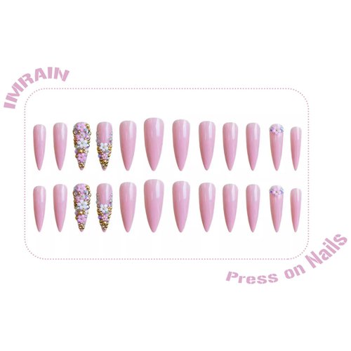 IMRAIN Long Press on Nails Stiletto Pink Fake Nails Rhinestone & Flower Designs Glossy Glue on Acrylic Nails Full Cover Luxury Bling Handmade Stick on False Nails for Women 24Pcs