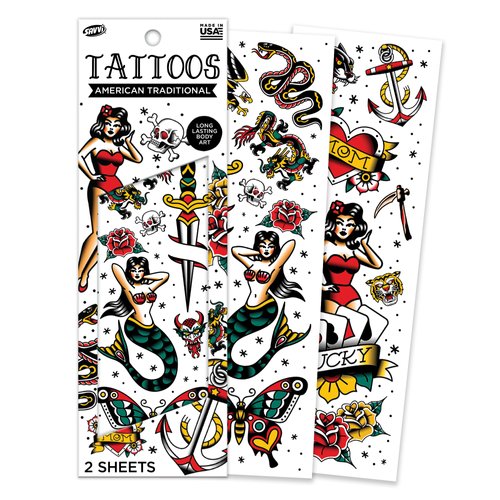 Savvi - 18 American Traditional Temporary Tattoos: Skin-Safe Ink, Great for Parties and Everyday Wear,Gifts for Teens and Adults, Made in the USA [2 sheets, 18 count]