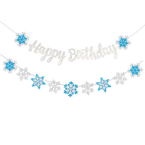 FHGG Frozen Snowflake Birthday Decorations Banner Snow Winter Glitter White and Blue Snowflake Happy Birthday Banners for Winter Wonderland Birthday Party Christmas Birthday Party Supplies Favors