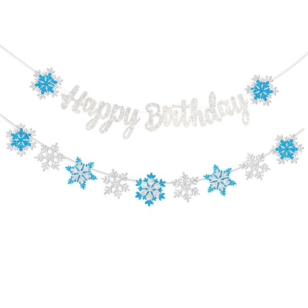 FHGG Frozen Snowflake Birthday Decorations Banner Snow Winter Glitter White and Blue Snowflake Happy Birthday Banners for Winter Wonderland Birthday Party Christmas Birthday Party Supplies Favors