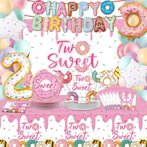 ZOiiWA 143Pcs Two Sweet Birthday Party Decorations Girls Donut tableware Set Sweet Donut 2nd Party Plates Napkins Backdrop Tablecloth Banner Balloons for Baby Girls 2 Years Old Birthday Party Supplies
