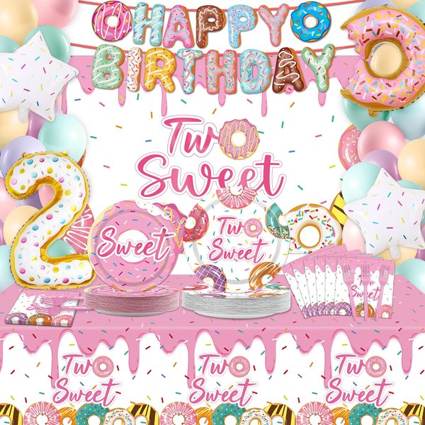 ZOiiWA 143Pcs Two Sweet Birthday Party Decorations Girls Donut tableware Set Sweet Donut 2nd Party Plates Napkins Backdrop Tablecloth Banner Balloons for Baby Girls 2 Years Old Birthday Party Supplies
