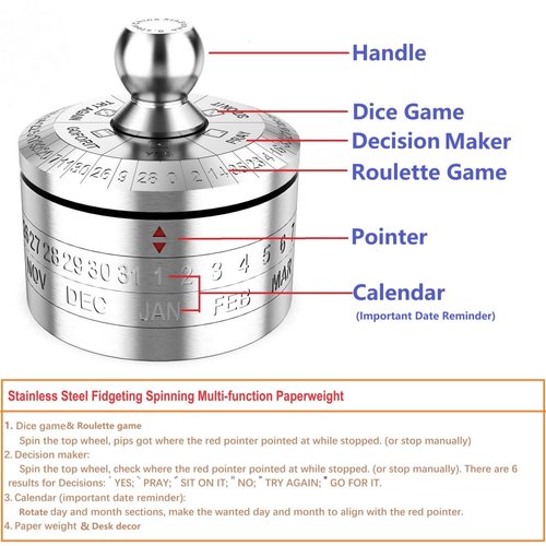 XinSiChen Stainless Steel Lucky Fidgeting Spinner Mens Gifts Office Desktop Anxiety Relief Paperweight Roulette Dice Game Decision Maker Important Date Reminder Calendar