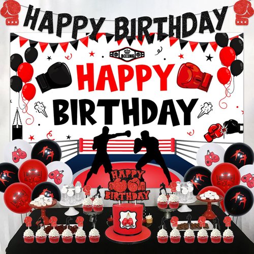 Boxing Birthday Decorations Fight Sports Wrestling Boxer Theme Party Supplies for boys 1 2 3 4 5 Year Old, Black-Red Balloons Backdrop Glitter Cake Toppers