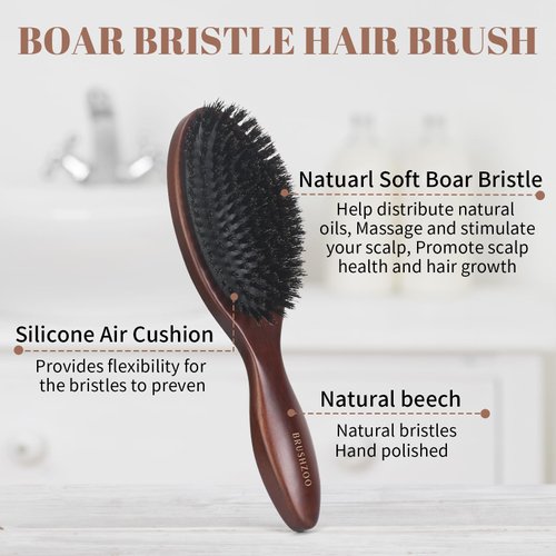 BRUSHZOO Boar Bristle Hair Brush, Hair Brushes for Women Men Kid Detangle, Hairbrush for Fine Short Thin Hair Type Keep Hair Heathy Restore Shine