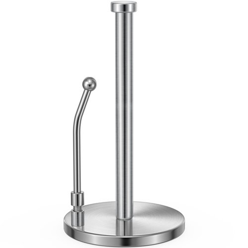 SMARTAKE Paper Towel Holder, Paper Towel Dispenser Standing Weighted Base Non Slip, Spring Arm Fit Most Size Paper Roll, Stainless Steel Paper Towel Holder for Home Kitchen Countertop Tabletop, Silver