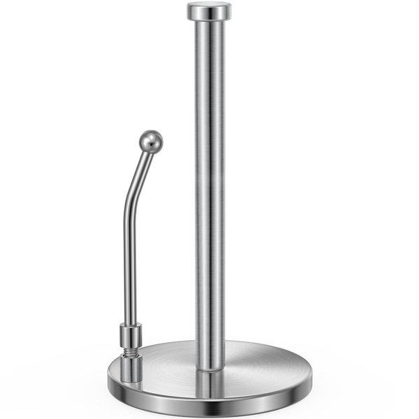 SMARTAKE Paper Towel Holder, Paper Towel Dispenser Standing Weighted Base Non Slip, Spring Arm Fit Most Size Paper Roll, Stainless Steel Paper Towel Holder for Home Kitchen Countertop Tabletop, Silver