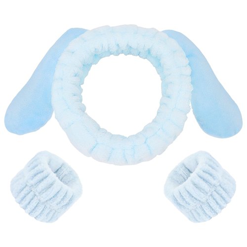 WHAVEL 3PCS Cute Spa Headband Dog Ears Headband for Washing Face Kawaii Makeup Headband Face Wash and Wristband Set Wrist Bands for Washing Face (Blue)