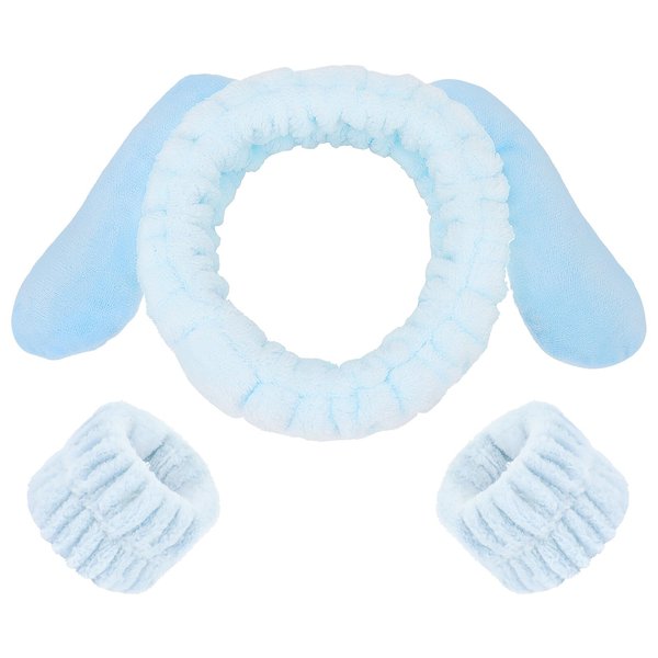 WHAVEL 3PCS Cute Spa Headband Dog Ears Headband for Washing Face Kawaii Makeup Headband Face Wash and Wristband Set Wrist Bands for Washing Face (Blue)