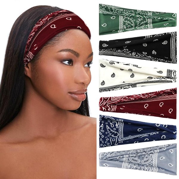 SAWINDA 6 Pack Boho Headbands for Women Short Headband Stretchy Non Slip Head Bands for Women's Hair Cloth Bandanas Headband for Women Yoga Workout Head Wraps Accessories