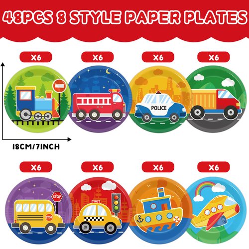 Yiaoyinnz 48PCS Transportation Tableware Decorations Transportation Birthday 7 Inch Paper Plates Car Train Airplane Dessert Plates Traffic Dinnerware for Boys Kids Baby Shower Party Supplies Favors