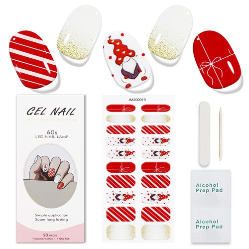 JMEOWIO Gel Nail Stickers Christmas Cute Glitter Semi Cured Gel Nail Strips Wraps UV/LED Nail Supplies Nail Art Design Decoration Accessories