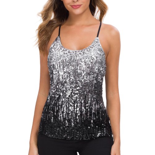 MANER Women’s Sequin Tops Glitter Party Strappy Tank Top Sparkle Cami (XL/US 16-18, Silver/Gray/Black)