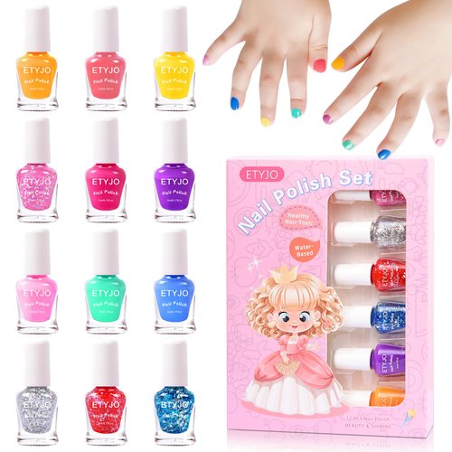 ETYJO Kids Nail Polish Non-Toxic Nail Polish 12 Colors Glitter Kids Nail Polish Set for Girls, Water-Based Peel-off Quick-Drying Nail Polish Toddler Perfect Birthday Gifts