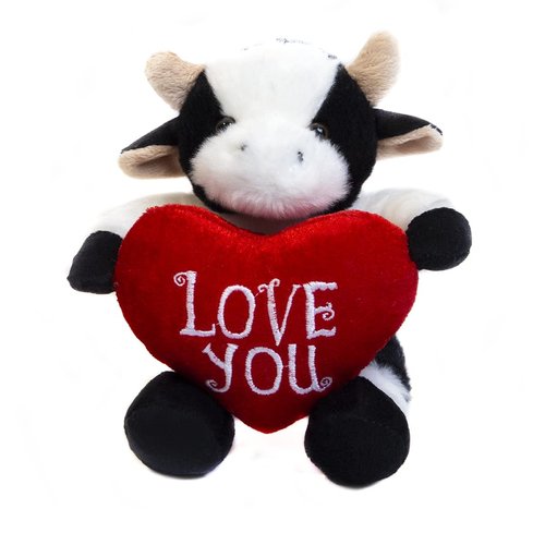 Plushland Stuffed Animal with Red Heart – Love You- Plush Animals Toy for Kids & Adults - Embroidered Heart Pillow -8 inches (Cow)