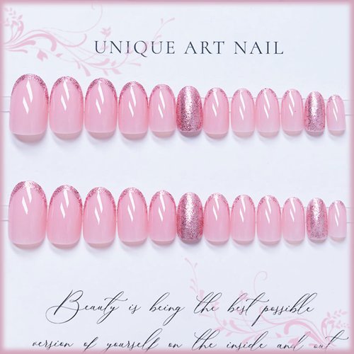 Pink Glitter French Tips Short Almond Press on Nails with Sparkly Design, Glossy Acrylic False Nails Gel Glue on Nails, Shine Manicure Art Fake Nails Stick on Nails for Women Girls