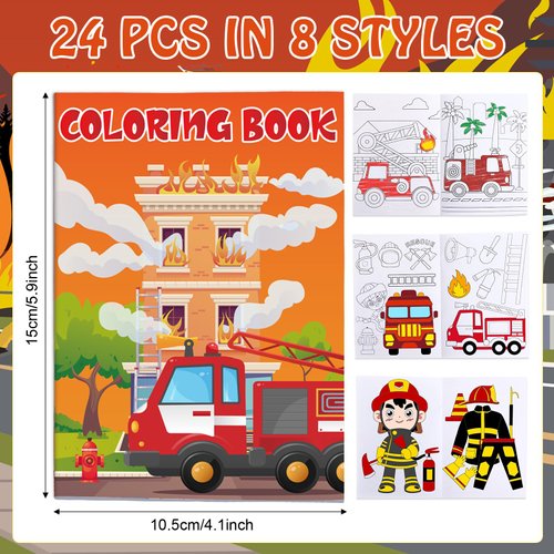 Funrous 48 Pcs Coloring Books with Stackable Crayons Firefighter Summer Circus Party Favors Coloring Pages Drawing Booklet Party Supplies for DIY Art Painting Games Goodie Bag Fillers (Firefighting)