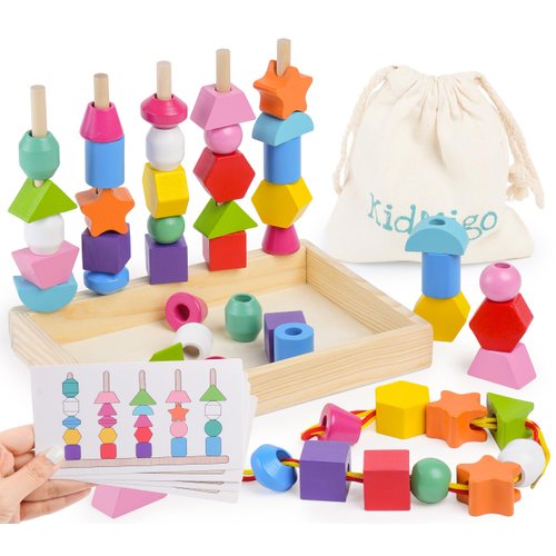 KidMigo Montessori Toys for 3 Year Old, Stacking Toys for Toddlers, Stacking Blocks, Lacing Beads, Matching Shape Preschool Toys, Montessori Toys for 3 4 5 Year Olds with Canvas Storage Bag