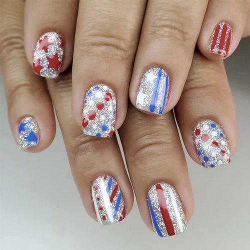 Independence Day Press on Nails 4th of July Short Square Fake Nails Red Blue White Stripe Star Gl...