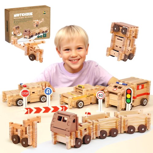 Jovi-mindly Wooden Building Blocks Car Set Toddler Boy Toys (101 pcs) with Storage Bag, Educational Classic Wooden Blocks for Toddlers Ages 3+ Boys and Girls,Truck/Excavator,FSC Certified