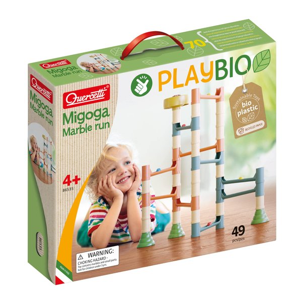 Quercetti Migoga PlayBio Marble Run - 49 Piece Set to Build and Launch 12 Colored Marbles, Made with Bioplastic Material, for Kids Ages 4 Years and Up